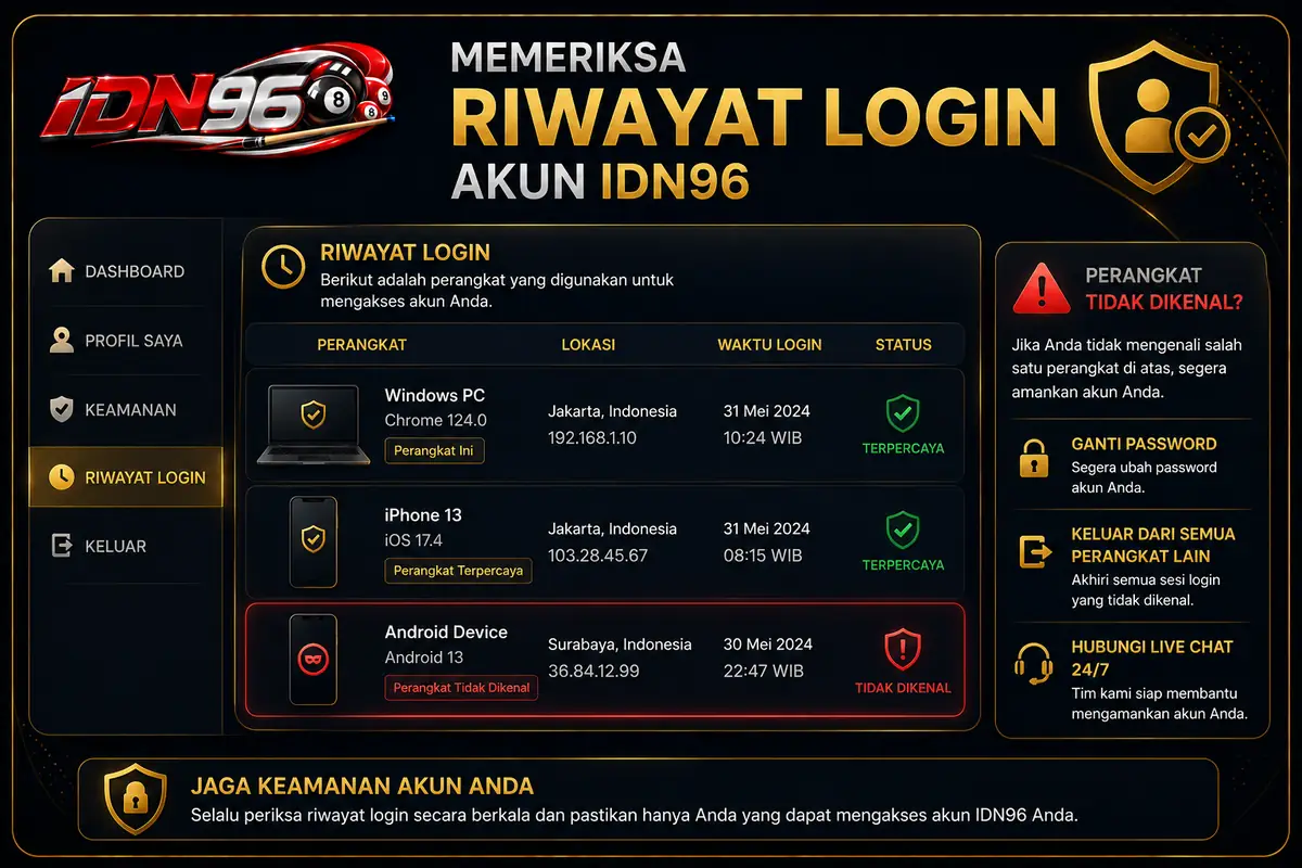 Memeriksa riwayat login akun IDN96 untuk menemukan perangkat yang tidak dikenali